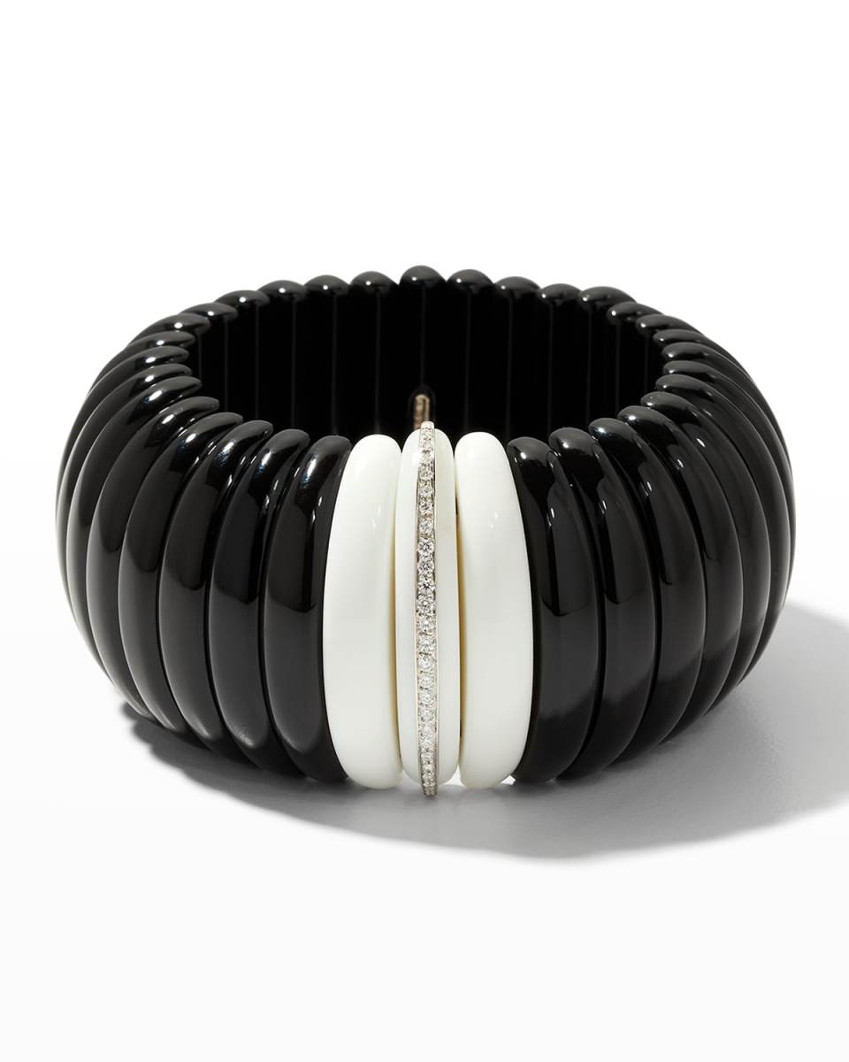 18K White Gold Expandable Bracelet with Black Obsidian, White Agate and Diamonds